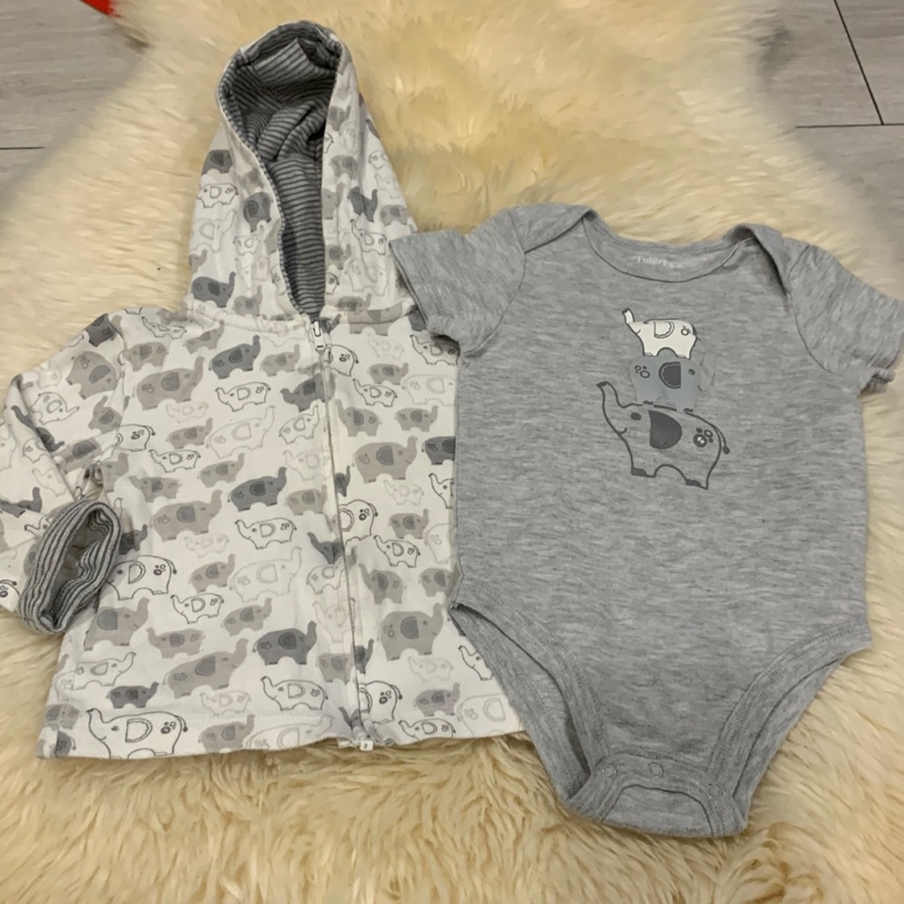 Fisher-Price Gray Hooded Zipper Jacket and Onesie Set with Elephant Design 24M